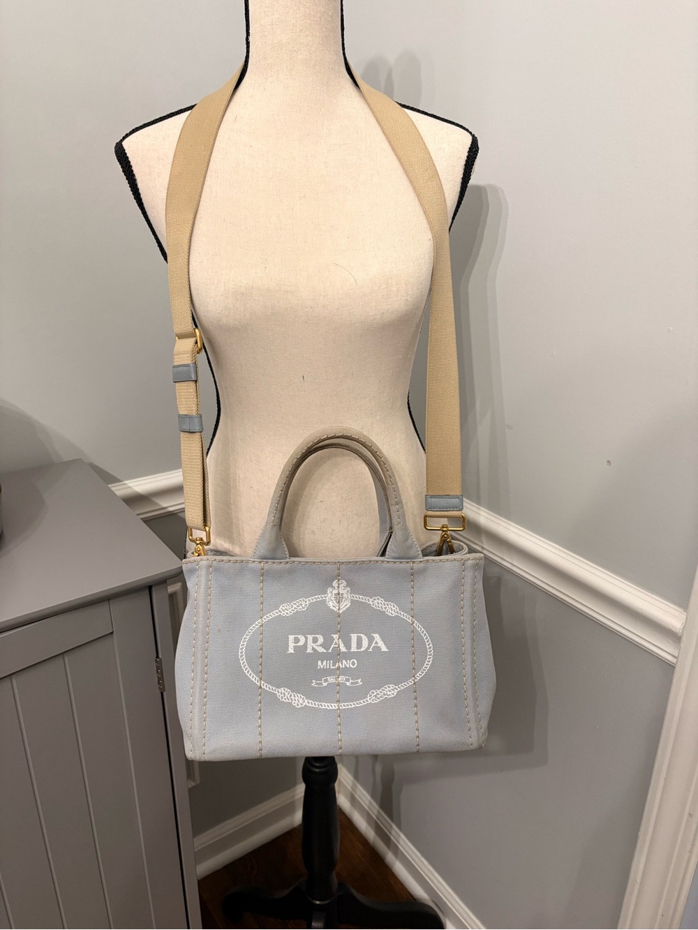 Prada Light Blue Canvas Tote with Beige Strap